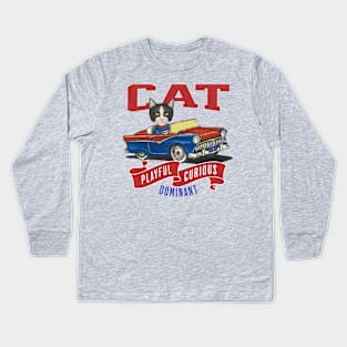 Funny cute kitty cat in a classic retro vintage car with red white and blue flags Kids Long Sleeve T-Shirt